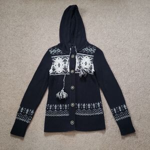 Eddie Bauer Hoodie Cardigan Sweater Tassels Nordic Fair Isle Black White Size S
